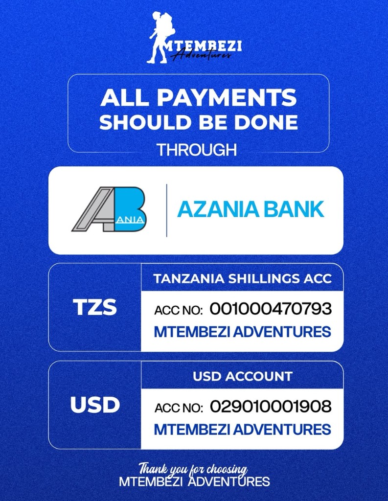 MTEMBEZI Adventures payment details for Azania Bank TZS and USD accounts